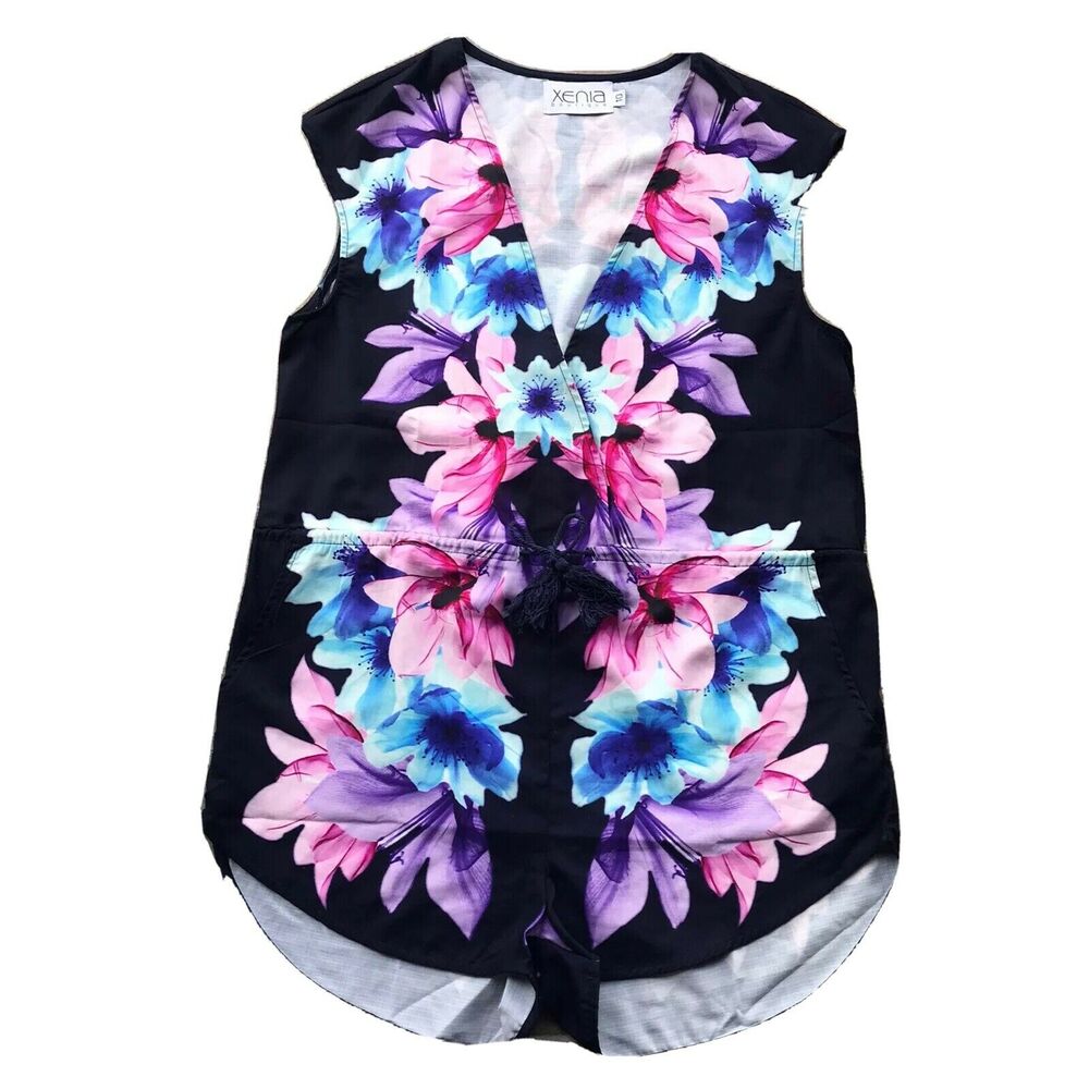 Xenia Boutique Womens Sz 10 Romper Shorts Floral Pink Blue Summer Tie Waist